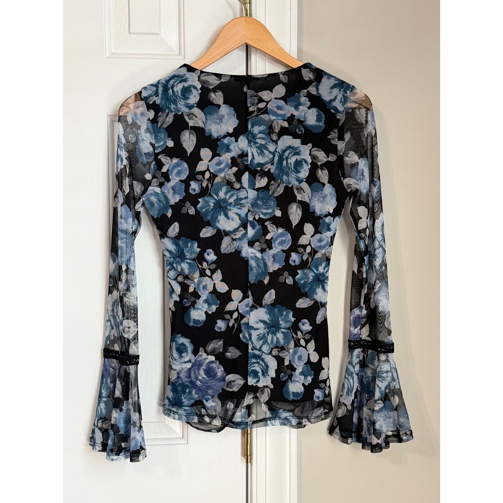 Venus Floral Fairy Mesh Bell Sleeve Top Womens XS Blue Ruched Y2K Boho Blouse - Picture 5 of 12